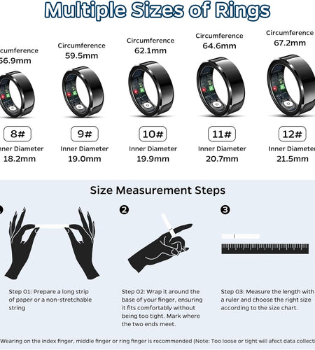 Smart Ring Health Tracker, Sleep Tracker Ring with Heart Rate, Waterproof Fitness Ring for Activity Monitoring/Steps/Distance/Calories, Air Gestures, up to 7-Day Battery, for Ios Android (Black,#10)